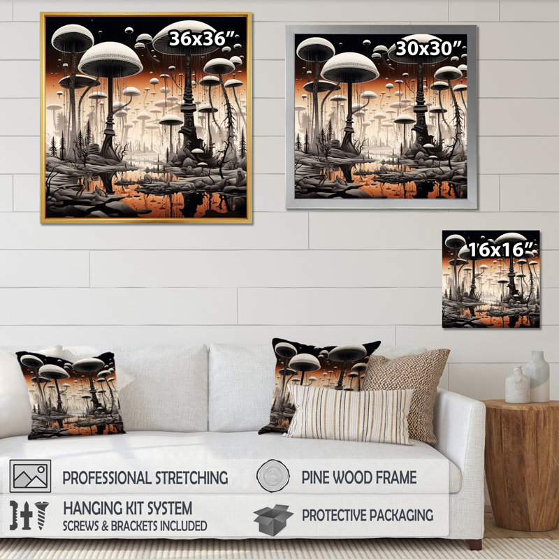 " Magic Mushroom Enchanted Forest Illustration I ", Brown Floater Framed, 30" H x 30" W x 1" D