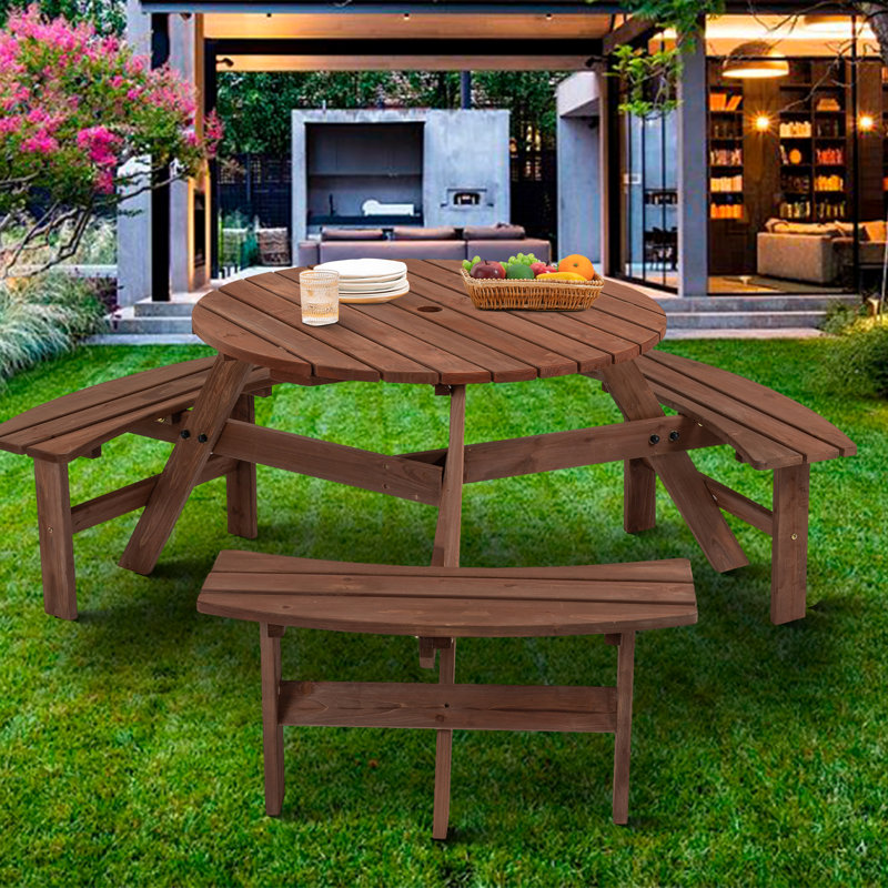 Mistie Farmhouse Outdoor Round Picnic Table with 2" Diameter Umbrella Hole, Brown