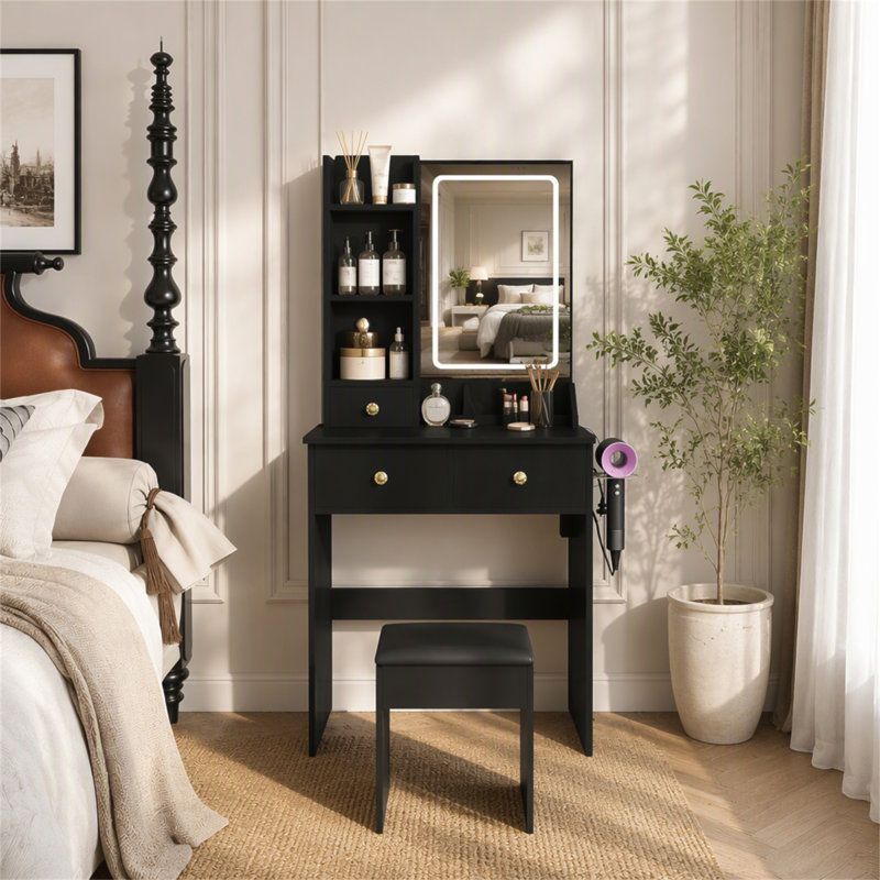 Bureau de coiffeuse avec tiroirs et tablettes de rangement, coiffeuse avec support pour sèche-cheveux et prise de courant, une coiffeuse