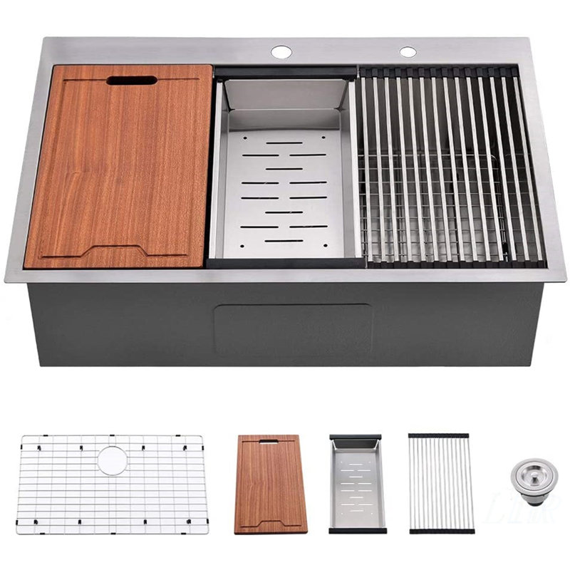 33-inch Drop-In 16 Gauge Stainless Steel Kitchen Sink with Integrated Ledge and Accessories, Durable and Space-Saving Design