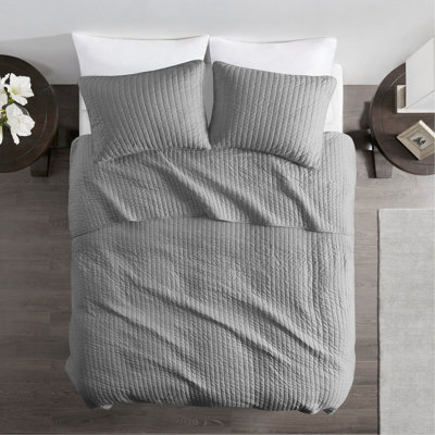 Ensemble de courtepointe réversible 3 pièces gris double / grand avec traitement antimicrobien et bourre en coton douillet