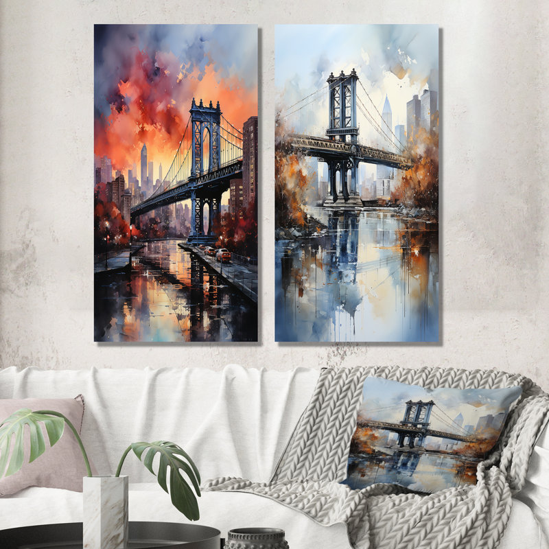 «Coral Bridge Urban Silhouettes», 2 pièces sur toile, Toile tendue, H 40 po x l 40 po