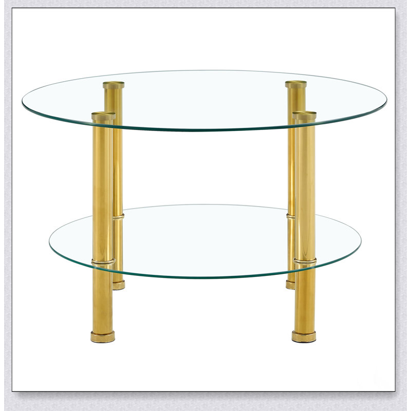 Table basse contemporaine en verre trempé à double couche avec plateau renforcé et pieds en acier inoxydable plaqué or Contemporary