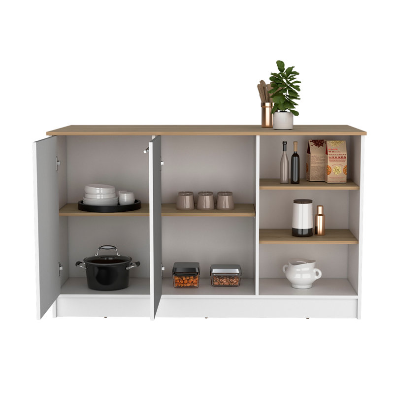 Ginger Kitchen Island, Three Open Shelves, Two Cabinets, White