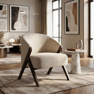 Mid Century Modern Accent Chair, Linen Fabric Upholstered Living Room Chair with Wood Frame, Comfy Reading Side Chair Easy Assembly