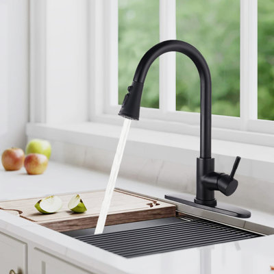 Robinet de cuisine rétractable noir mat avec douchette et finition en acier inoxydable | Idée de cadeau
