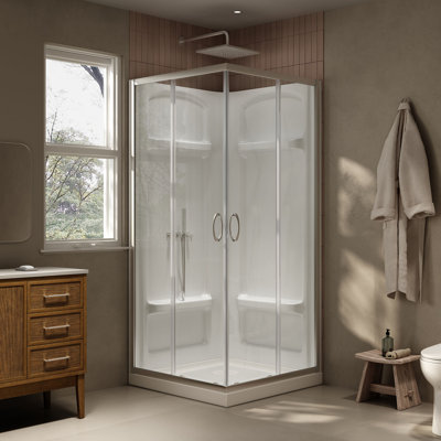 Ensemble de douche d'angle Breeze Square 91,4 cm L x 91,4 cm l x 192,3 cm H, fini nickel satiné, portes coulissantes transparentes, parois en acrylique et receveur.