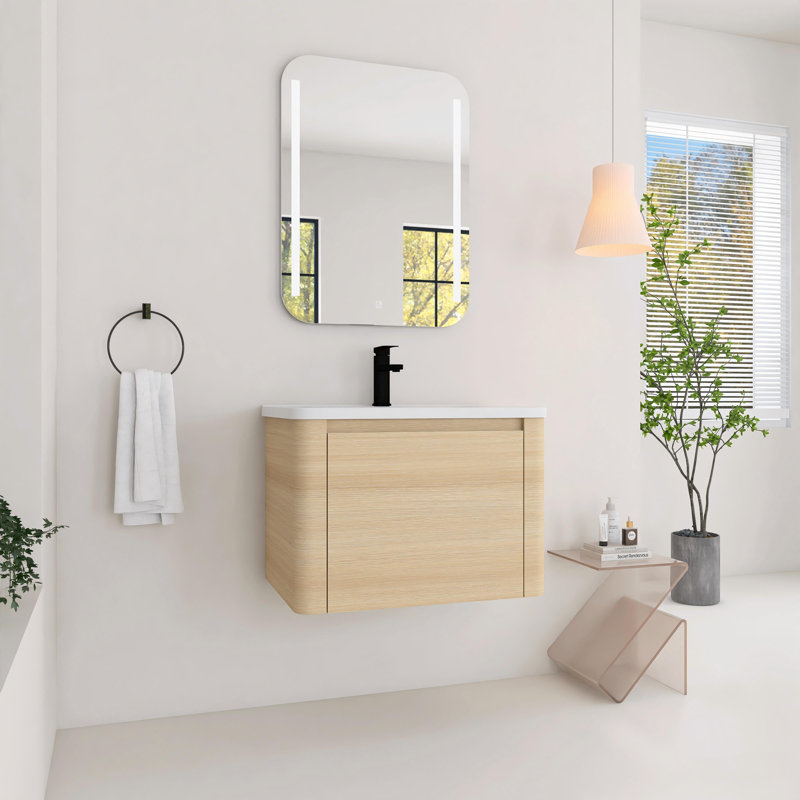 Meuble-lavabo mural 28 po avec lavabo en céramique et porte à fermeture douce, chêne blanc américain, 28"