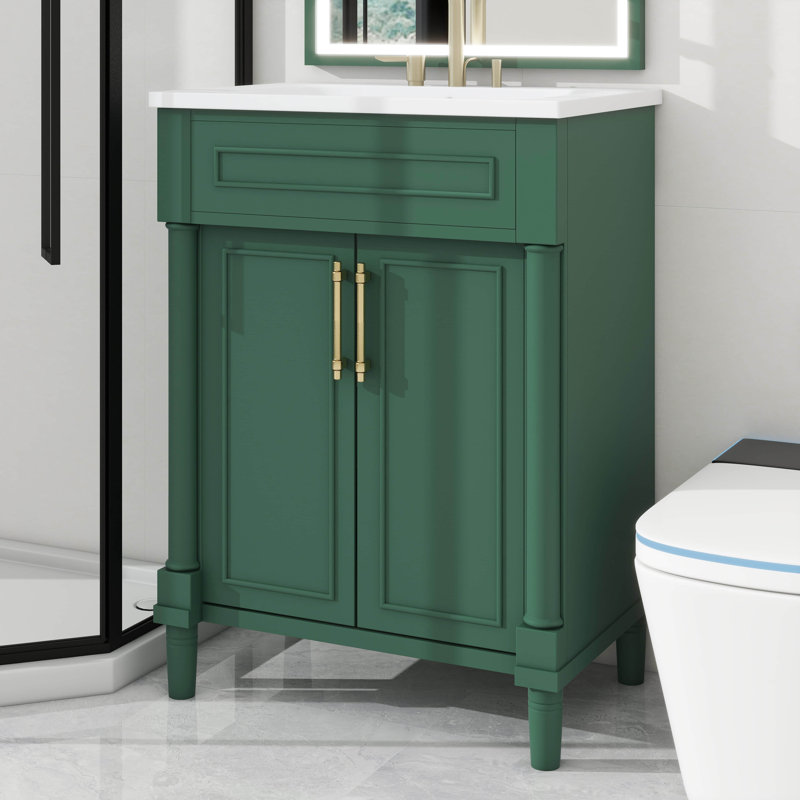 Petit meuble-lavabo de 24 po avec lavabo intégré en céramique, ensemble de meuble-lavabo autoportant à simple lavabo et armoire de salle de bain avec 2 portes pour petite salle de bain