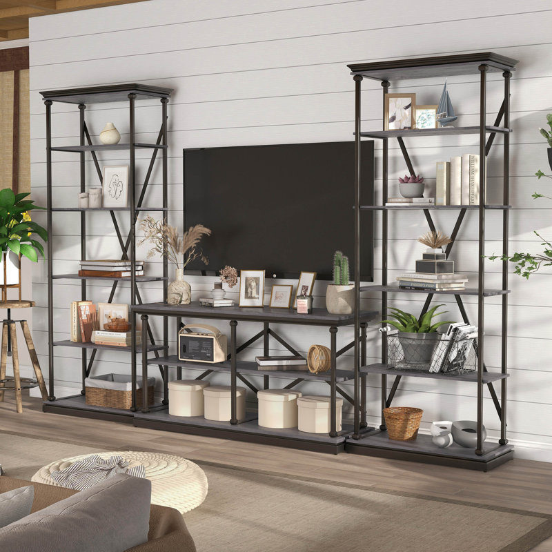 Kiven Metal 3-Piece Console Table and Bookcase Set, Gray