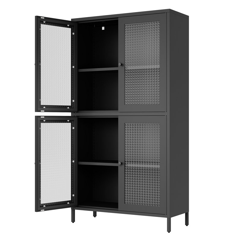 Classic Metal Storage Cabinet Display Cabinet With 4 Glass Doors 4 Shelves Cabinet  Bookcase Side Cabinet For Home Office Living Room Kitchen Hallway, Waffle Grids Tempered Glass