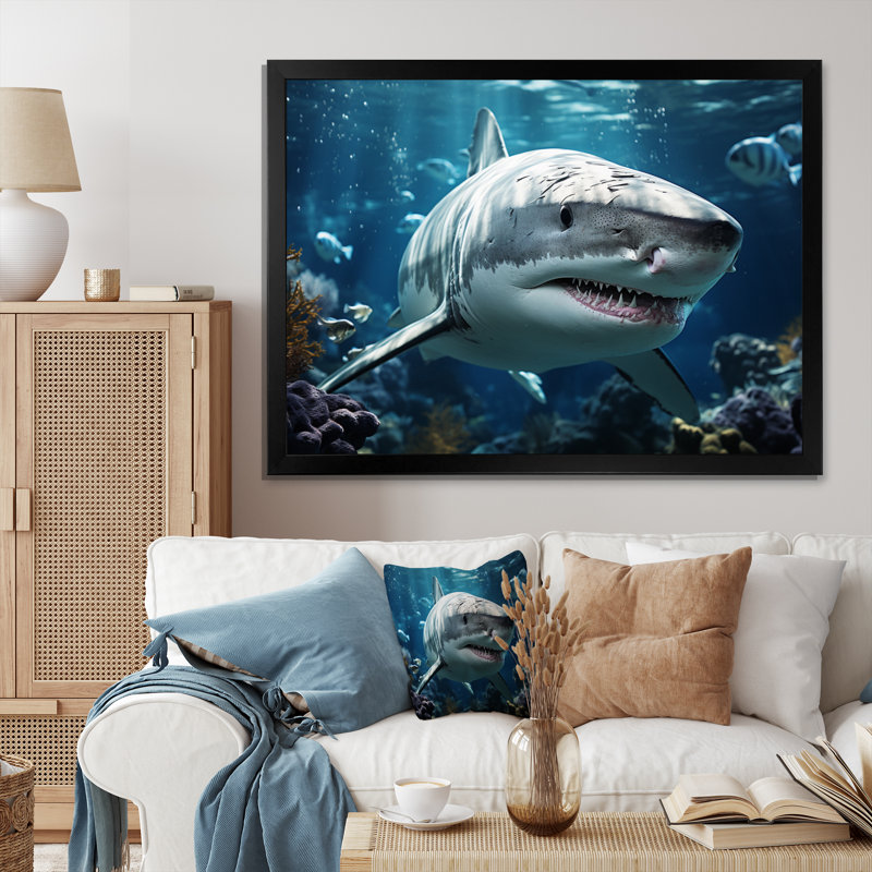 " Teal Gray Shark Marine Symphony ", 24" H x 32" W x 1" D, Black Picture Framed