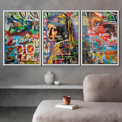 Peinture en aérosol, fille et perle, graffiti et art urbain, art moderne coloré, portrait urbain, 3 pièces
