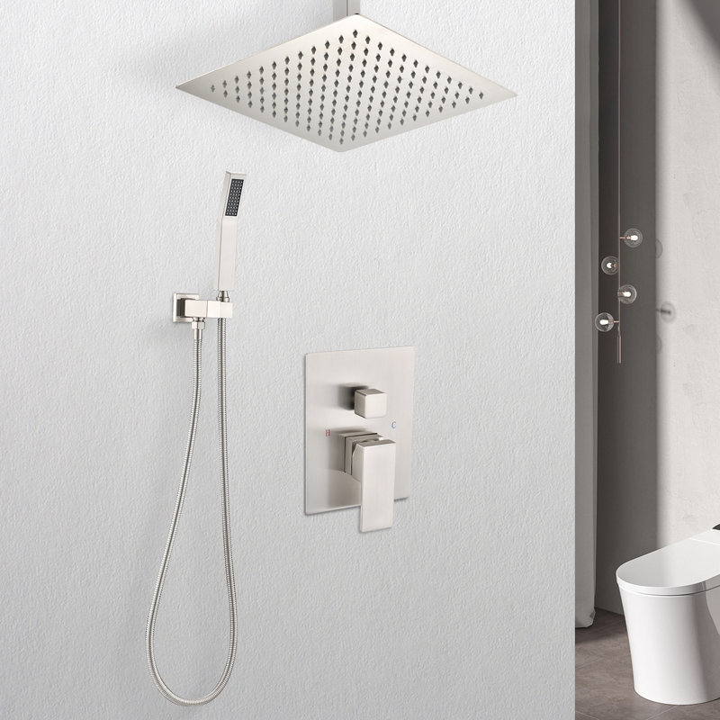 Ceiling Mounted Shower Mixture In Brushed Nickel With Handheld And 12" Head - Natural Rainfall Simulation Sensation Self-Cleaning Nozzle Suits All Normal Arms Conforms To American Standard Pipe