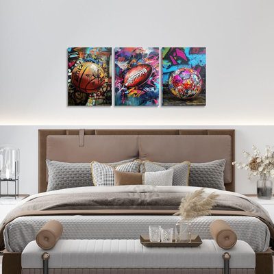 Basketball Soccer Framed Canvas Wall Art Graffiti Sports Wall Decor For Bedroom Kids Hippie Pictures Painting For Wall Decorations Sports Lover Gift Posters Artwork 12"X16"X3pcs