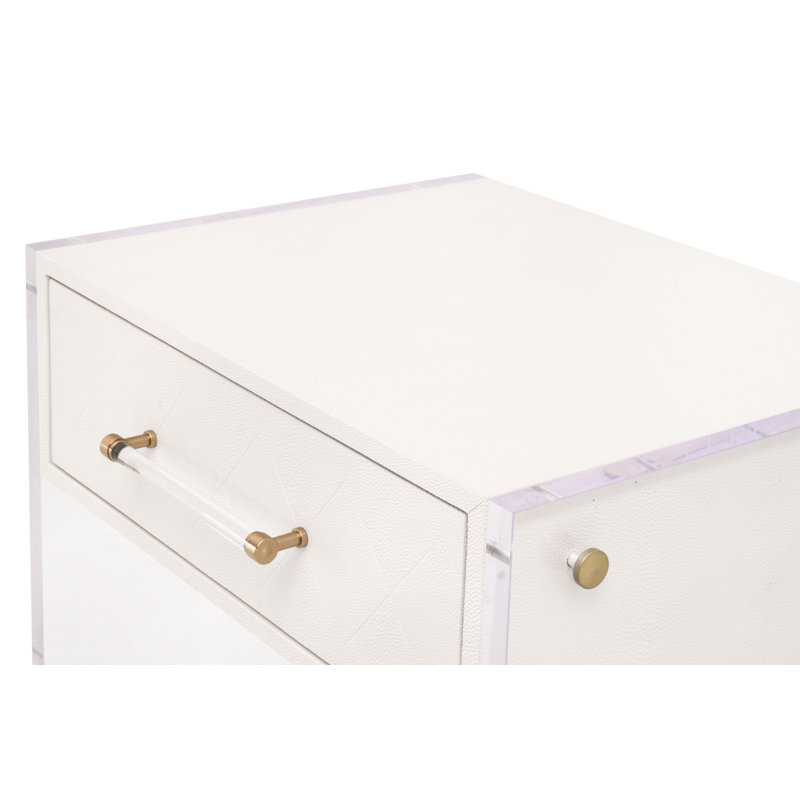 Pearl White Faux Shagreen Resin Nightstand with Clear Acrylic Sides