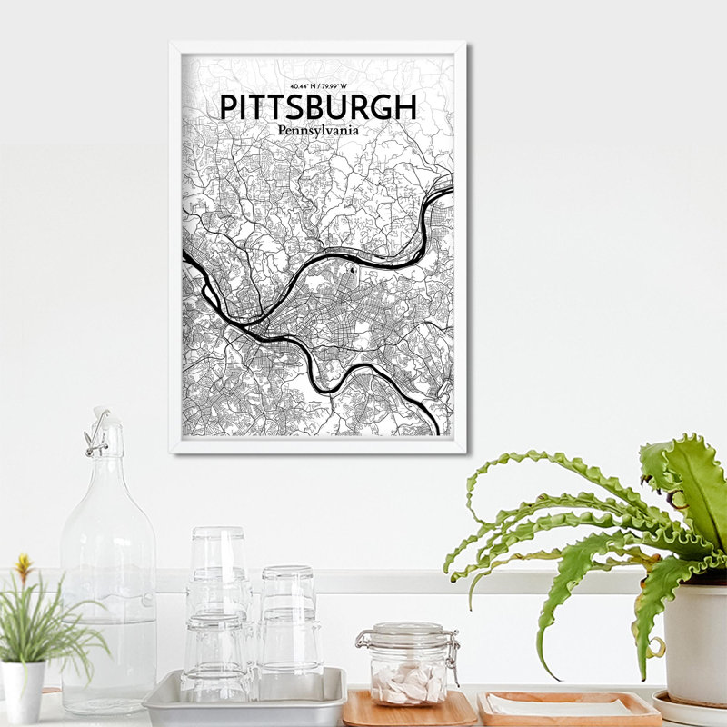 Pittsburgh City Map, impression, Noir et blanc, H 27,6 po x l 19,7 po