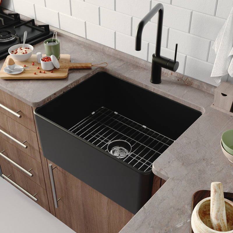 Évier de cuisine à simple cuve en argile réfractaire avec grille d'évier et crépine Perch L 24 po x l 18 po Perch, Noir mat