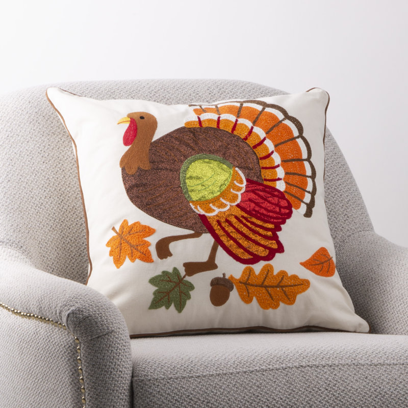 18" Multicolor Cotton Polyester Embroidered Turkey Throw Pillow