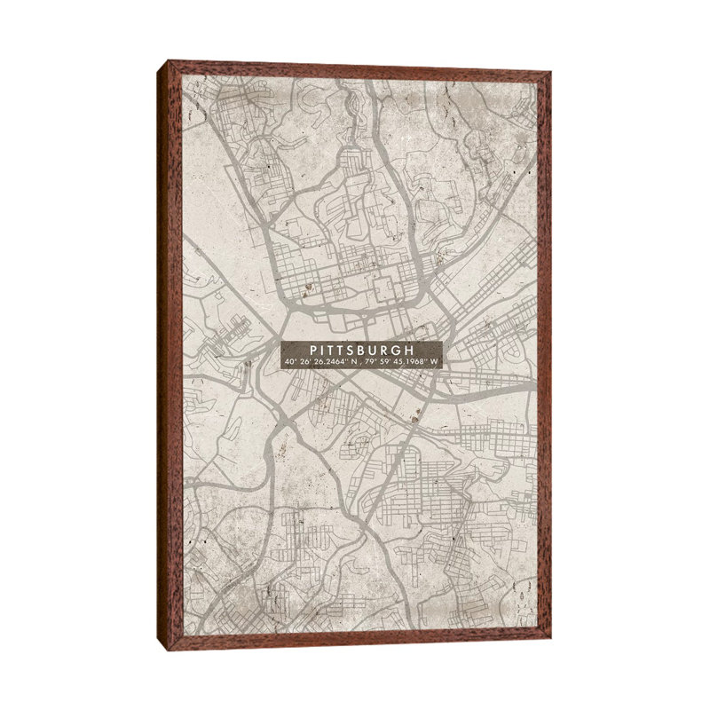 Pittsburgh City Map Abstract 1 Piece Wall Art on Canvas, 101.6cm H x 66.04cm W x 3.81cm D, Classic Brown Wood Framed