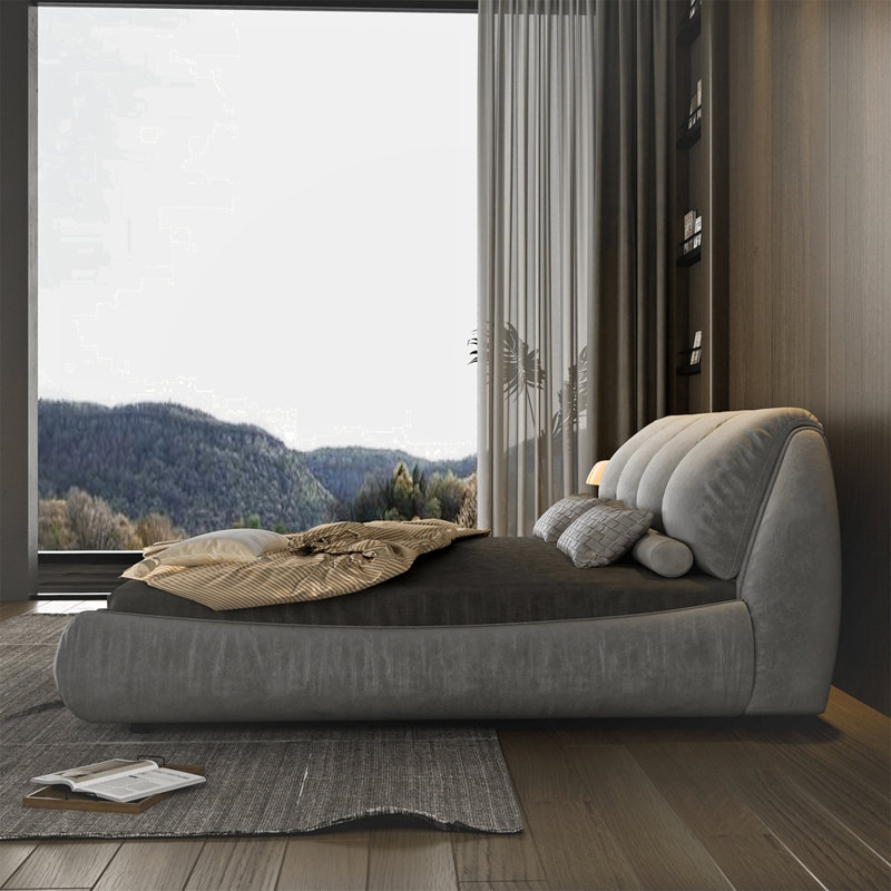 Lit plateforme tapissier surdimensionné et rembourré, Gris, Très grand lit