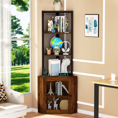 Armoire d'angle de 65 po avec tablettes, support à verres à vin et station de charge, support de rangement autoportant à 6 niveaux pour la maison, le salon, la cuisine, portes de tablettes brunes rustiques, fabrication de tablettes, bureau