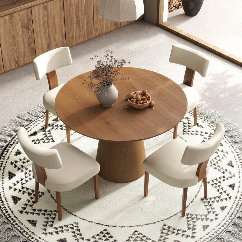 Round Pedestal Dining Set Mid-Century Modern Wooden Table & Upholstered Chair Set For Home, Kitchen, Dining Room, Beige