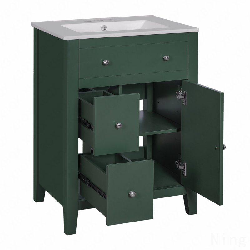 Meuble-lavabo moderne 24 po avec lavabo en céramique, meuble-lavabo, 2 tiroirs, porte à fermeture douce, Vert
