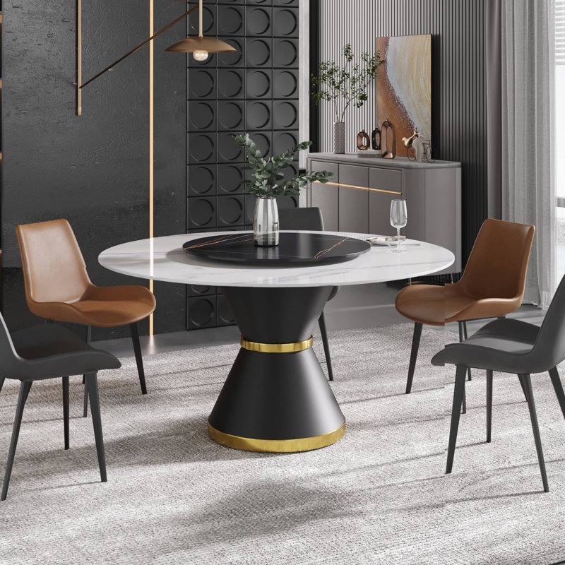 Ryding Modern Round Sintered Stone Dining Table with Rotating Tray, White/Black, 29.5" H x 59" L x 59" W