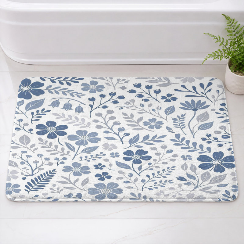 Tapis de bain à motif floral et botanique, L 24 po x L 17 po, Bleu moyen / gris clair