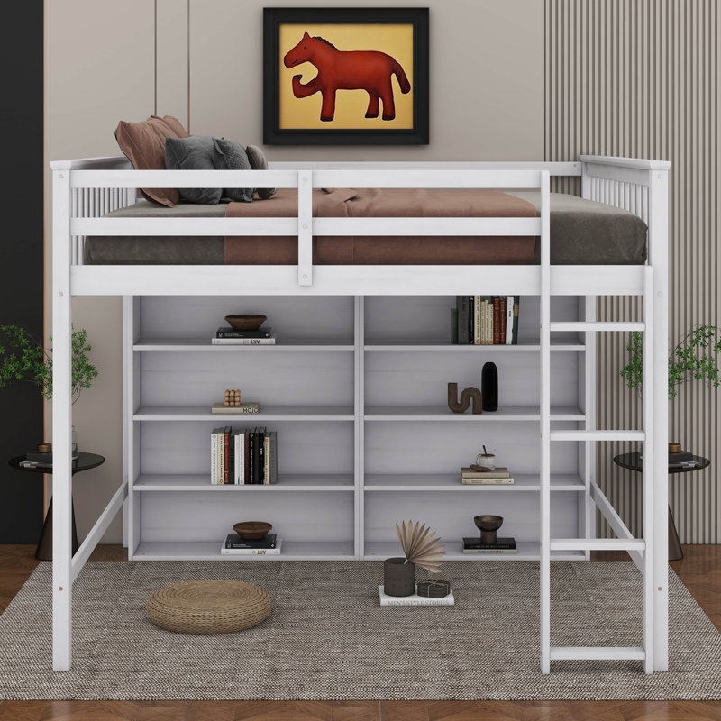 Lit mezzanine double avec tablettes de rangement ouvertes et échelle, Blanc antique