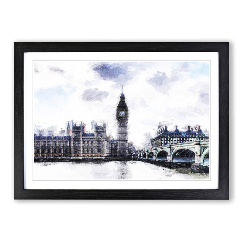 The Houses of Parliament London in Abstract - Picture Frame Painting Print, Black Framed, 36cm H x 48cm W x 2cm D
