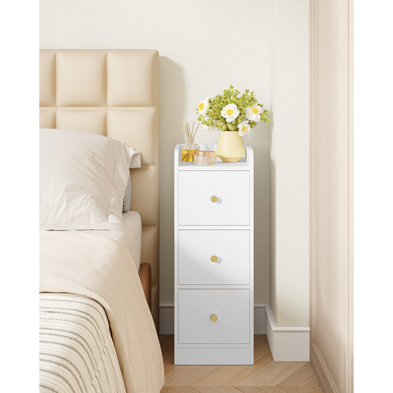 Slim Bedside Table Set of 2, Narrow Side End Tables with 3 Drawers, Bedside Cabinet with Top Guard, Small Nightstand for Bedroom, Living Room, Office, 30 x 24 x 60 cm, White