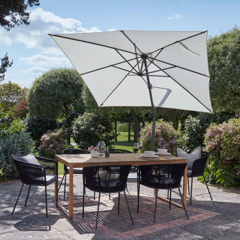Table with 6 Black Dining Chairs & Cream LED Parasol, Natural Wood/Black/Cream