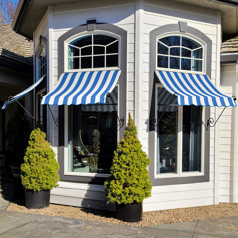 Awntech Charleston Acrylic Fabric Awning with Iron Scroll Arms, Bright Blue/White Stripe, 24" H x 76.5" W x 36" D