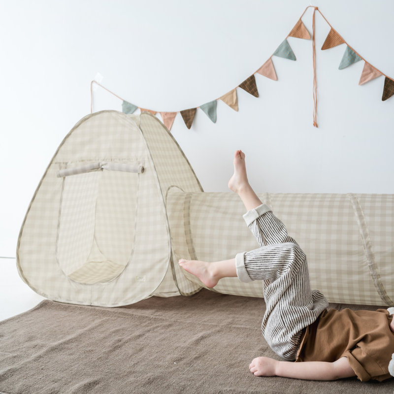 Ensemble de tente de jeu et de tunnel 3 en 3 3 pousses en tissu recyclé, Vichy beige