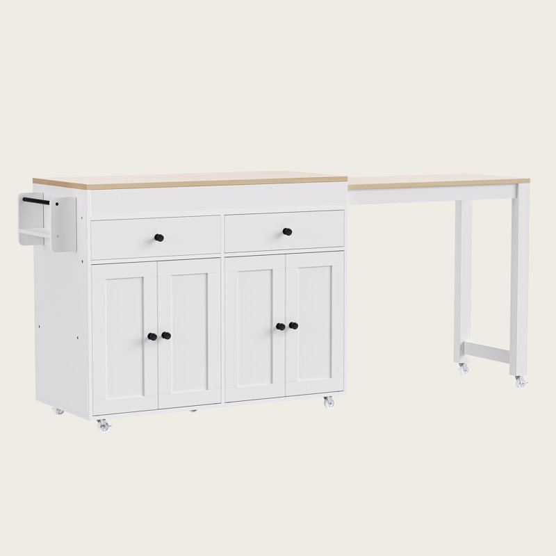 74.5" Kitchen Island with Extendable Dining Table, Rolling Kitchen Cart on Wheels with Spice Rack, 4-Door Cabinet & 2 Drawers, Multifunctional Kitchen Storage Island for Dining Room