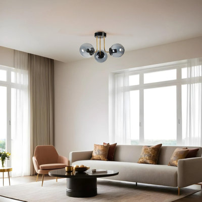 Lustre élégant en métal avec capuchon en verre, 15,7 po de diamètre x 11,8 po de hauteur | Douille E27, 40 W maximum | IP20, finition noire et fumée | Luminaire élégant pour les salles à manger et les espaces de vie modernes