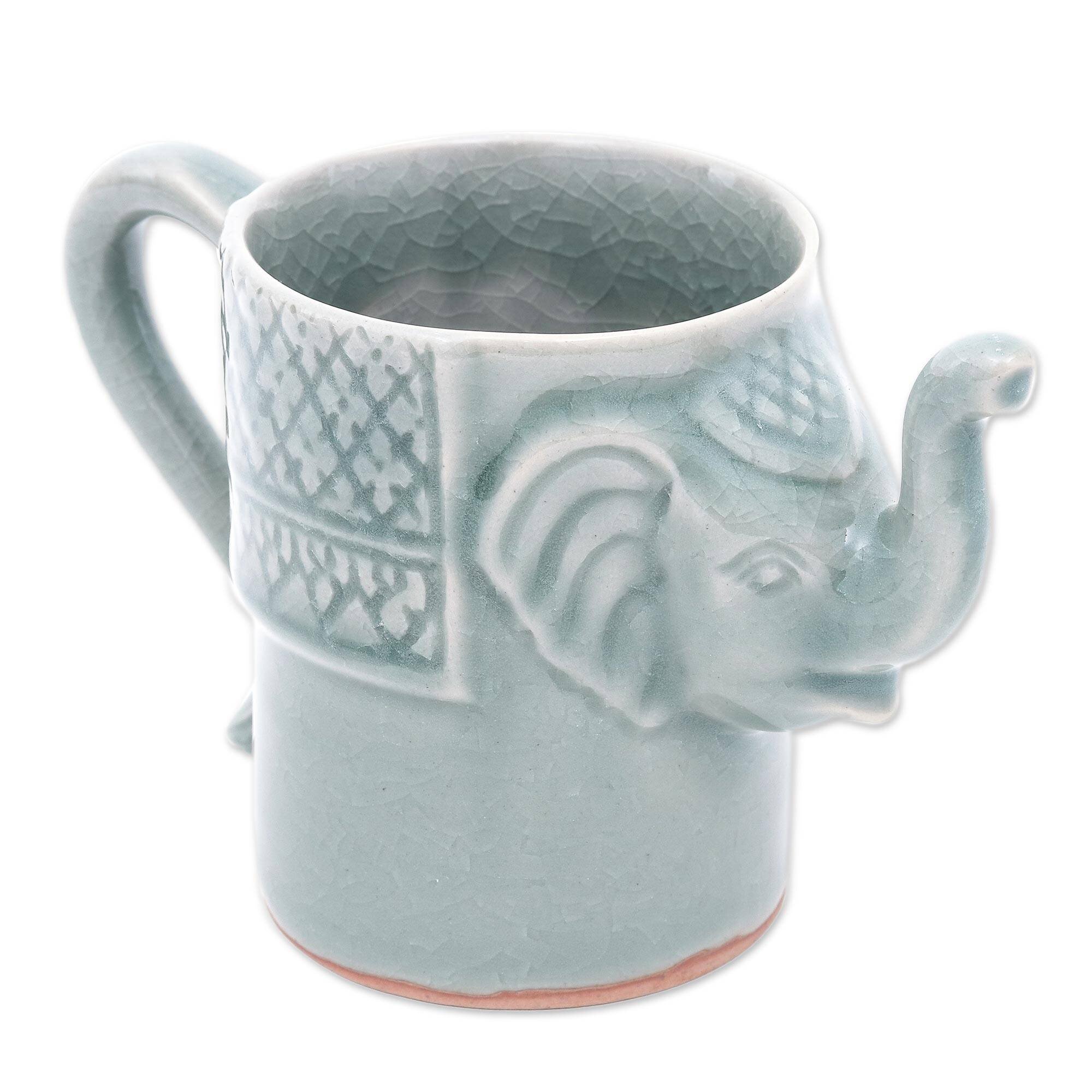 Celadon Ceramic Elephant Mug in Green from Thailand (10 oz