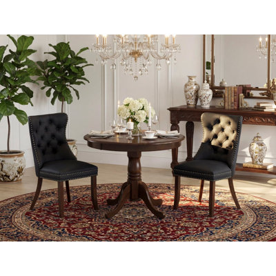 3 Piece Kitchen Table Set Consists of a Round Dining Table with Pedestal and 2 Parson Chairs, Antique Walnut