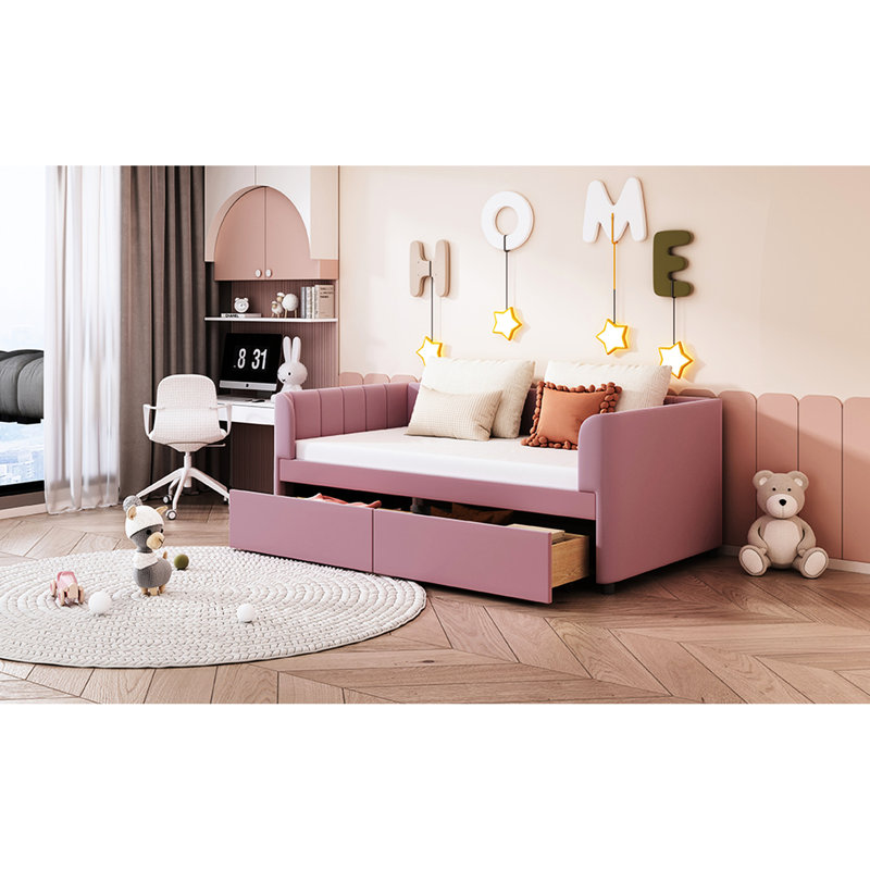 Lit de jour rose simple avec 2 tiroirs et ergonomique pour une chambre à coucher harmonieuse, Rose