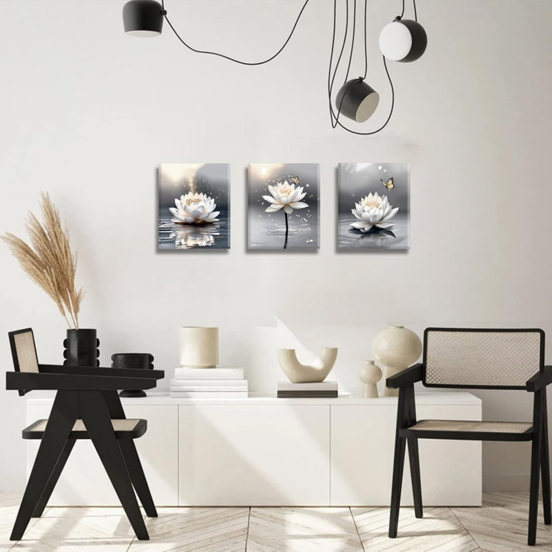 Paquet de 3, art mural décoratif sur toile de lotus gris et blanc, 12 x 16 po