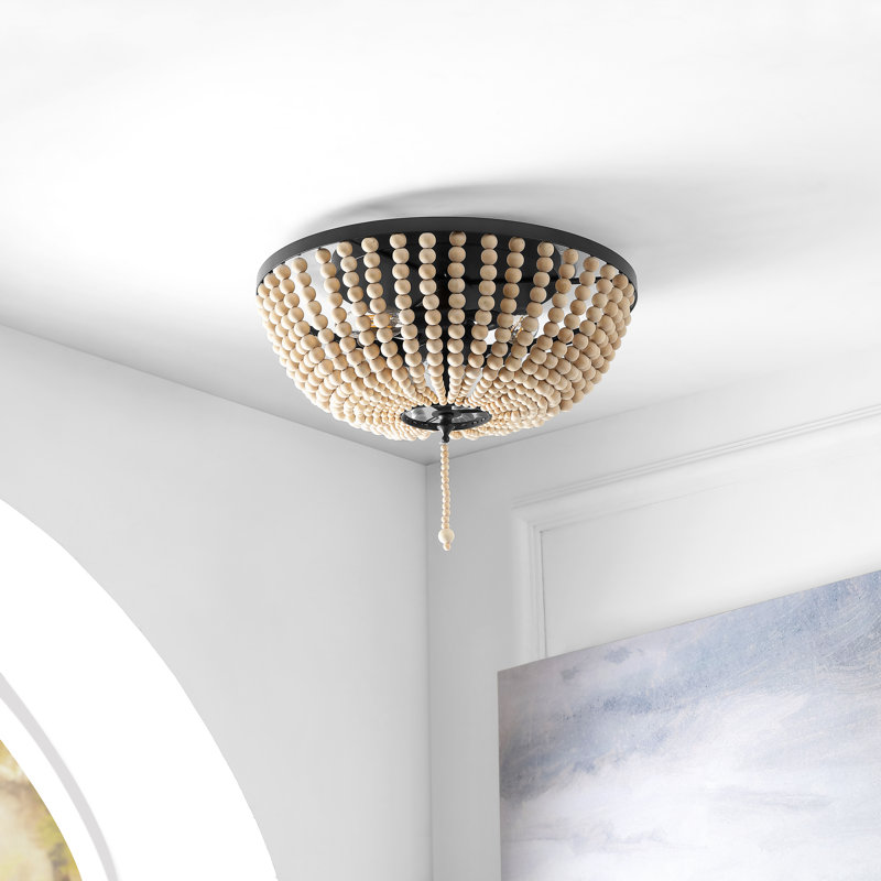 Ohlone Farmhouse Wood Beaded/Metal LED Flush Mount, 12.5" H x 15" W x 15" D, Black