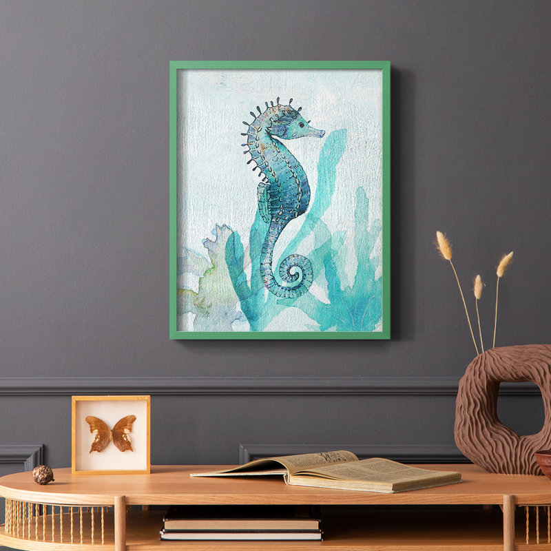 Seahorse I Framed Print - Solid Wood, 10" H x 8" W, Green