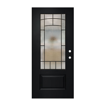 36X80 Front Entry Door Slab (no jamb) , Fiberglass Exterior Door Slab, Wrought Iron Glass Door Panel, Inswing/Outswing Left; Smooth Fine-Textured Finish Black