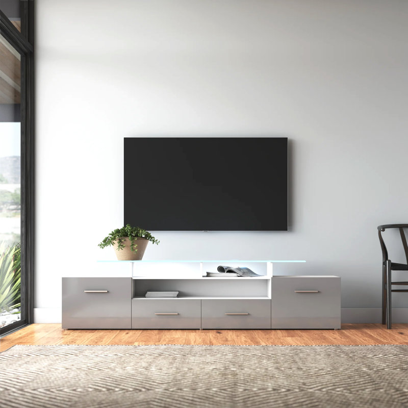 Casares 76.3" Modern TV Stand with LED Lighting, High Gloss Finish, Media Storage, White/Gray