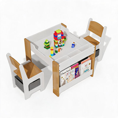 Kids Wooden Activity Table & Chair Set with Built-in Bookcase