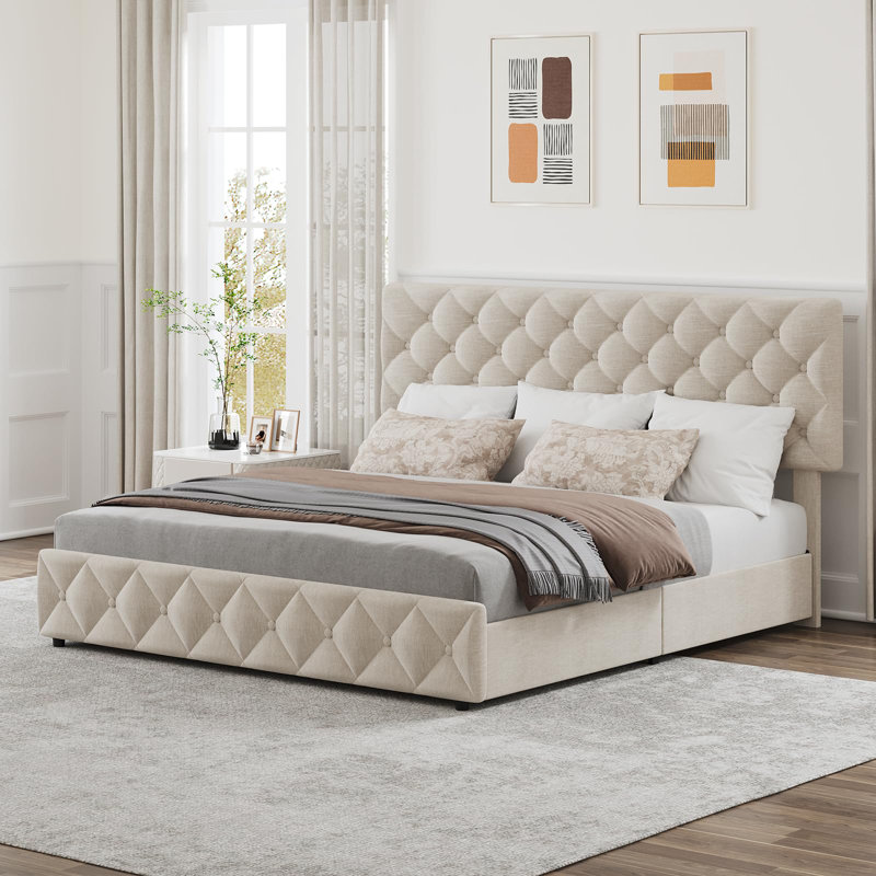 Cadre de lit Queen, cadre de lit rembourré en lin avec tête de lit réglable en hauteur, capitonnage à boutons en losange, cadre de lit plateforme Queen silencieux avec 4 tiroirs, aucun sommier requis