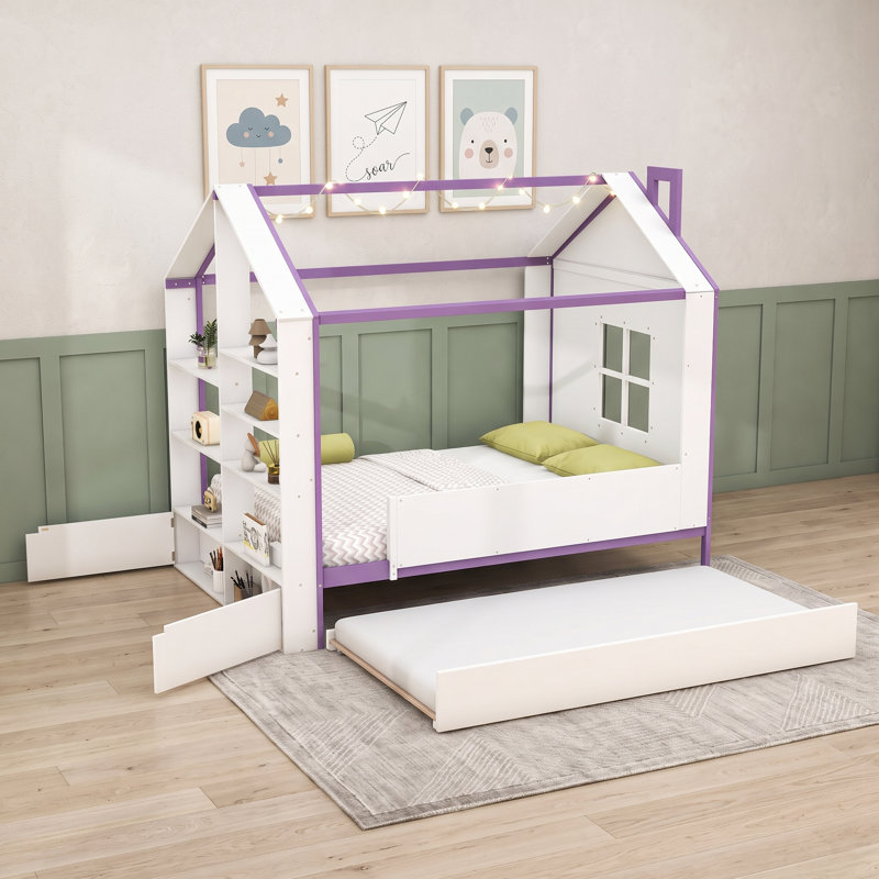 Structure de lit House avec lit gigogne coulissant, tablettes de rangement et lumière DEL, Full, White Purple