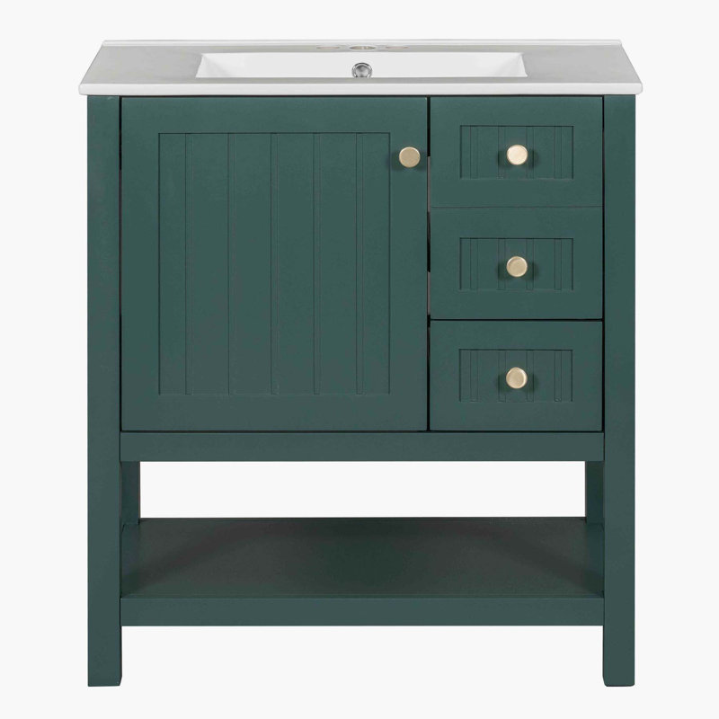 30inch Transitional Style Bathroom Vanity Cabinet Combo with Ceramic Sink, Green, Green